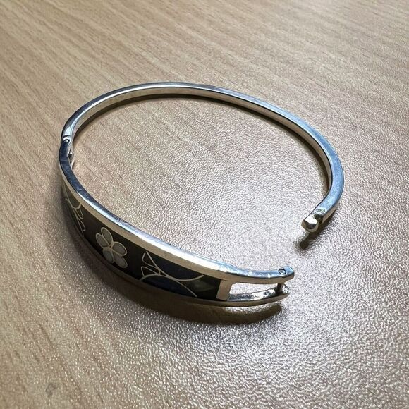 Vintage Alpaca Mexico Women's Bracelet Abalone Shell Floral Silver Tone Signed - Picture 10 of 16